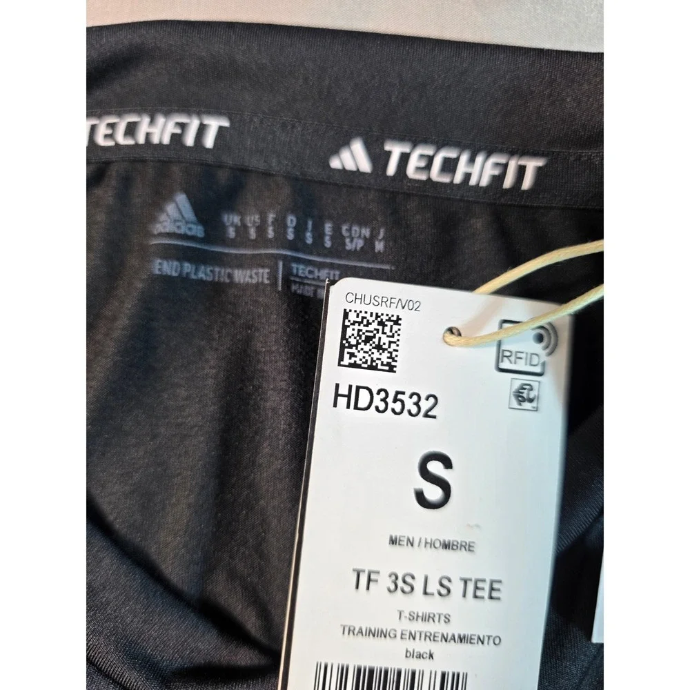 Adidas Techfit Training Shirt Men Small Black 3-Stripe Long Sleeve HD3532 NEW